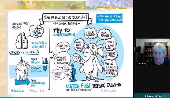 Elephant in one slide Zusammengefasst in 1 Visualiserung wichtigste Themen des Vortrags: Try to understand, Listening, Thinking fast and slow, concious-inconcious, set the past, not too much talking by you