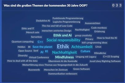 Tag cloud Ethik, Mensch, Diversity, C++, Code monkeys, Mindfulness/Achtsamkeit, Save the planet, AI/KI... relativ wenig Technikbegriffe
