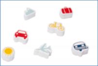7 Schaumstoff-Stempel 7 Stempel: Flugzeug, Auto, Zug, Fahrrad, Koffer, Berge, Sonne