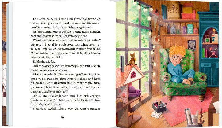 Eintauchen in die Geschichte Seite aus dem Inhalt: Geschichte und Bild mit Emil auf einem Sessel