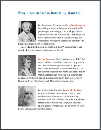Seite aus dem Inhalt Inhaltsseite 'Über diese Menschen kannst Du staunen - Albert Einstein, Bertha Benz, Leonardo da Vinci