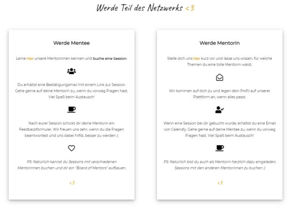 Werde Mentee, werde Mentorin Screenshot mit Texten, wie man mitmachen kann