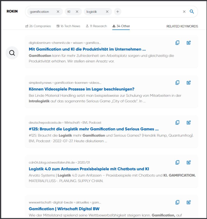 Trefferliste, einsortiert in die Cluster Companies, Tech News, Research und Other