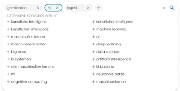 Anzeige ähnlicher Suchbegriffe, hier zu KI. Unter anderem künstliche Intelligenz, maschinelles Lernen, cognitive computing, ml, ...