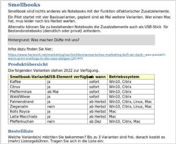 Infoblatt zu Smellbooks in einem Unternehmen