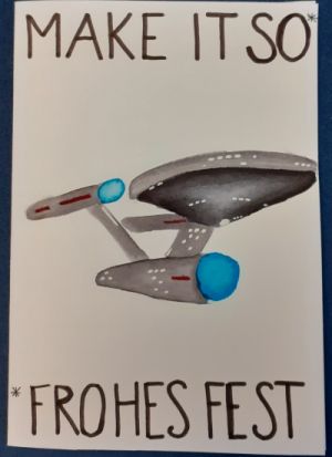 Raumschiff Enterprise, Next Generation, Aquarellzeichnung auf Postkarte. Text darauf: Make it so - Frohes Fest