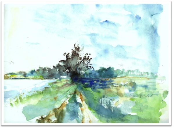 Aquarell: Eine offene Wiesenlandschaft mit Busch oder Hecke, im Hintergrund ein kleiner Wald