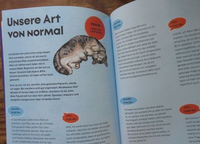 Inhaltsseite mit Text und einer Katze, die sich auf dem Rücken räkelt